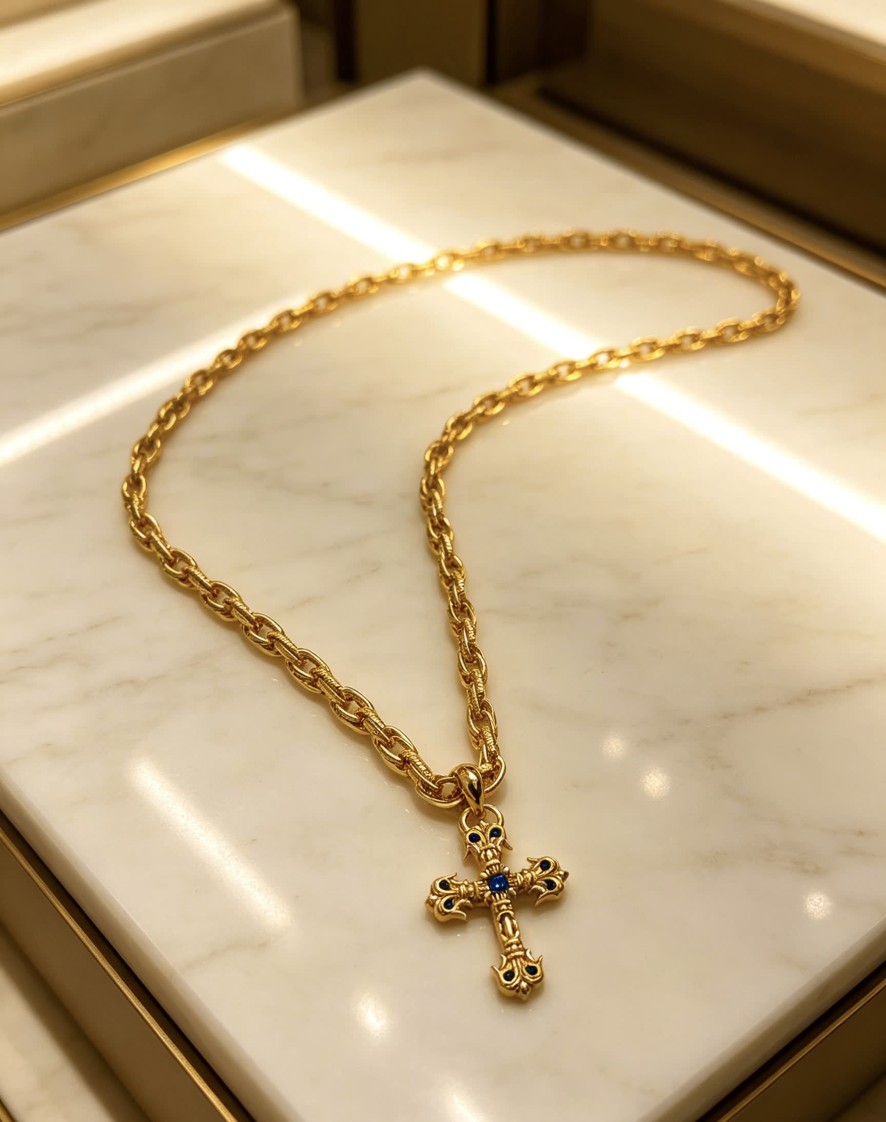 Chrome Hearts Gold Cross Pendant Necklace with Blue Gemstone